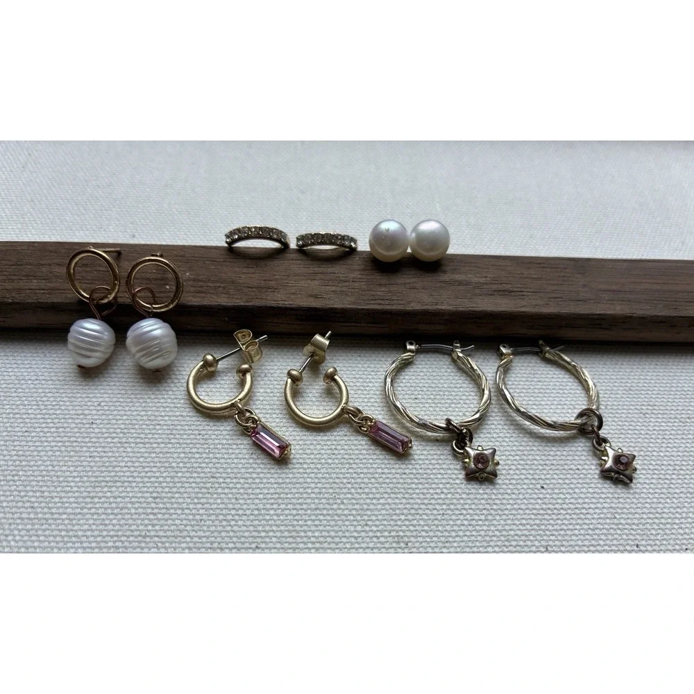Y2K Gold Tone Earrings Lot Faux Pearl Pink Crystal Hoops Coquette 5 Pairs VTG